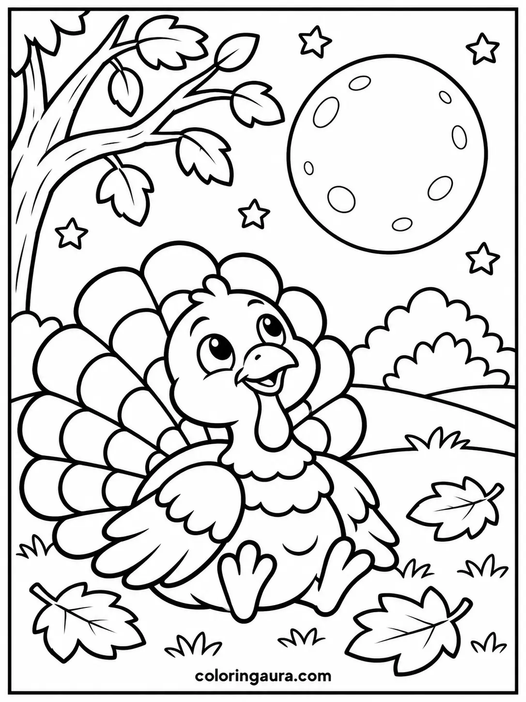 Turkey Under a Harvest Moon Coloring Page