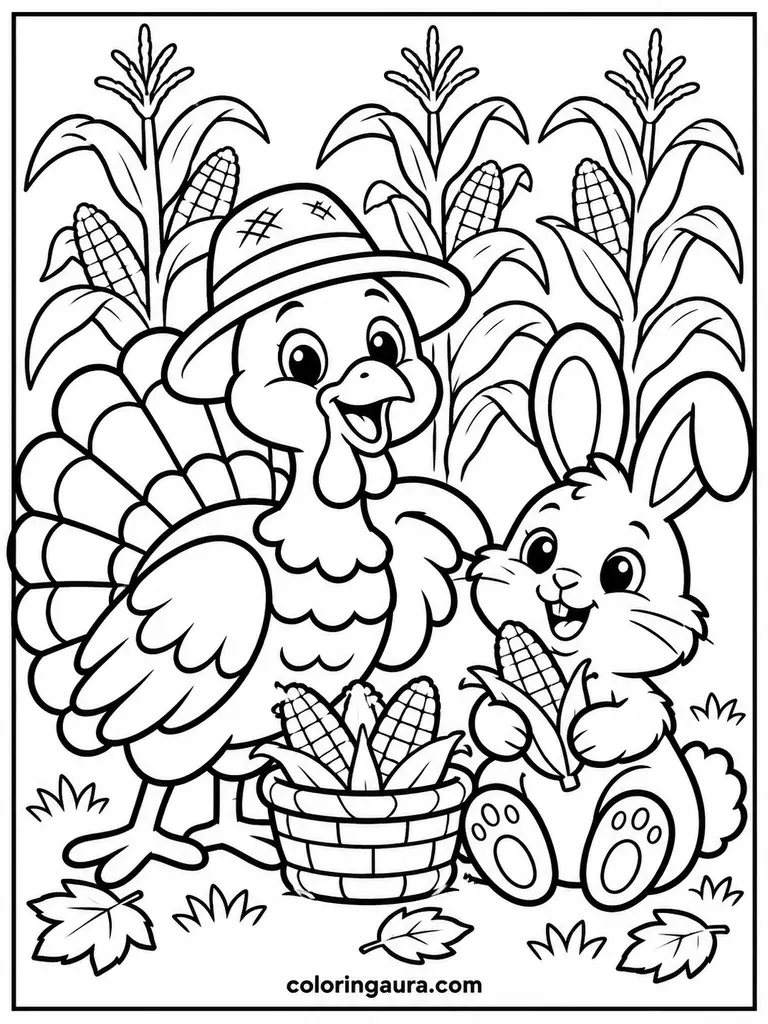 Turkey and Bunny Harvest Friends Coloring Page