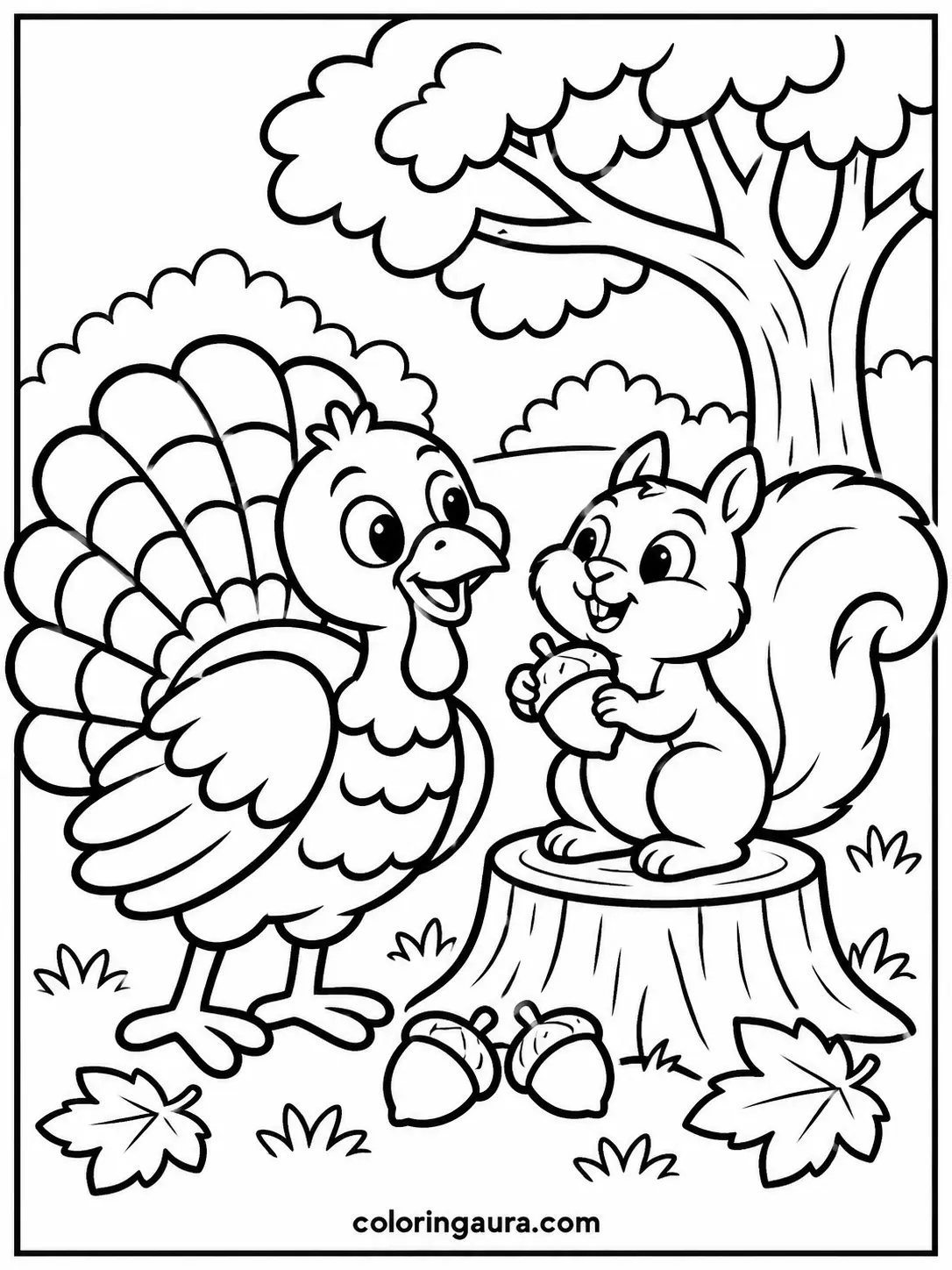 Turkey and Friendly Squirrel Coloring Page
