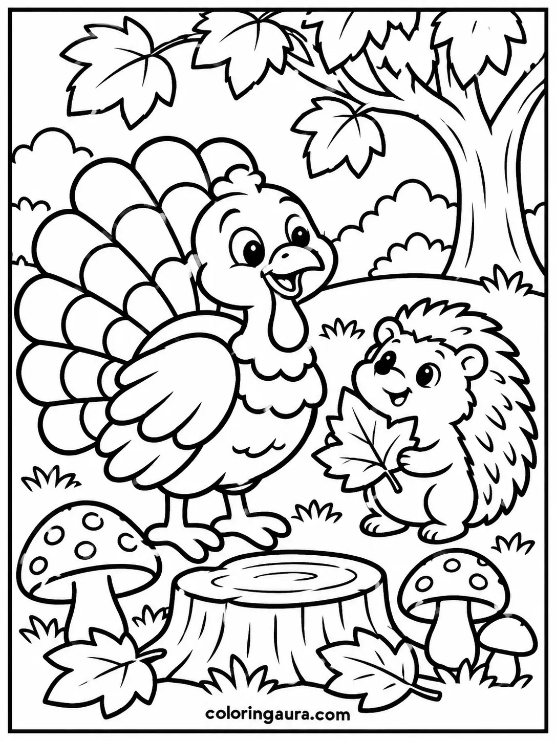Turkey and Hedgehog Autumn Friends Coloring Page