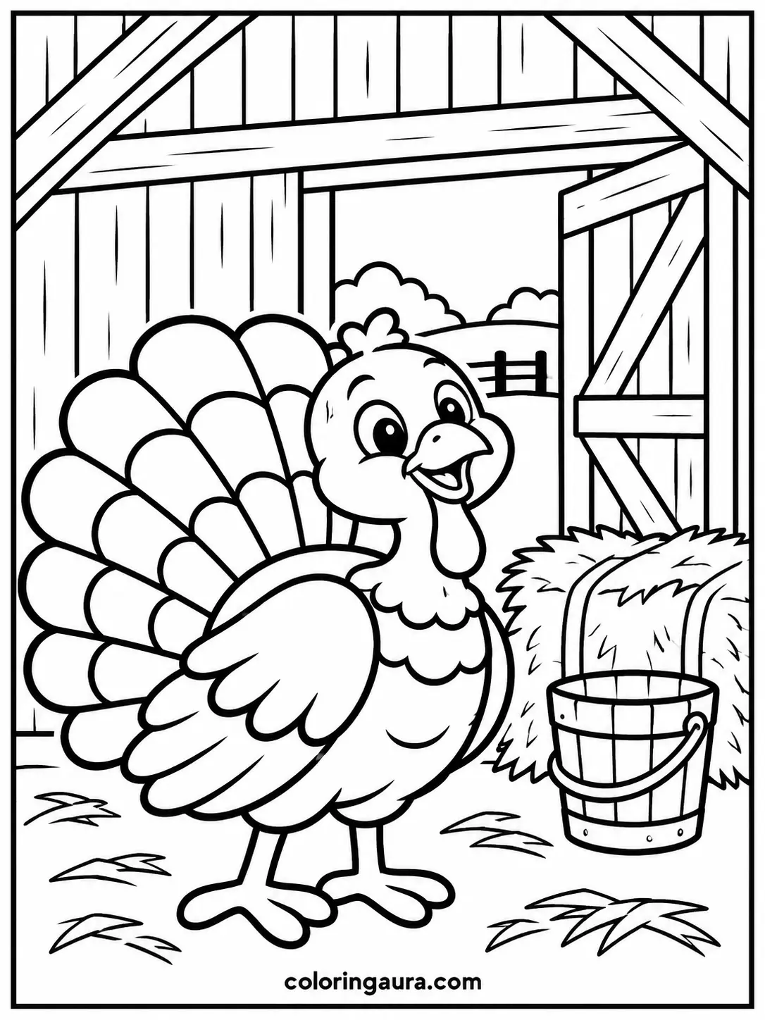 Turkey in a Cozy Barn Coloring Page