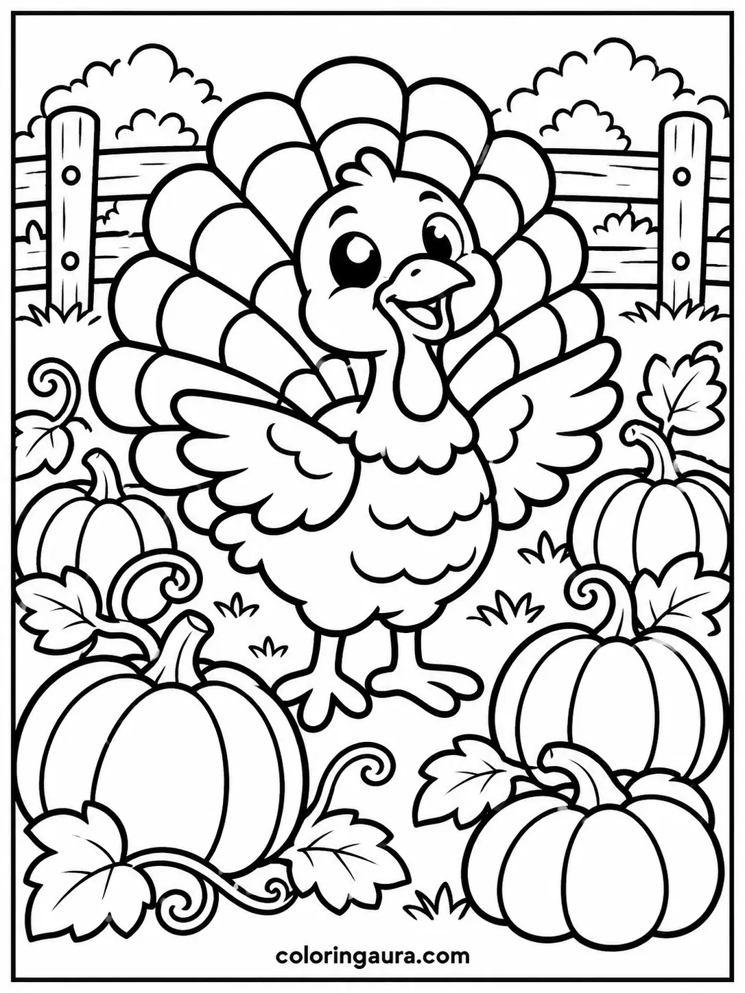 Turkey in a Cozy Pumpkin Patch Coloring Page