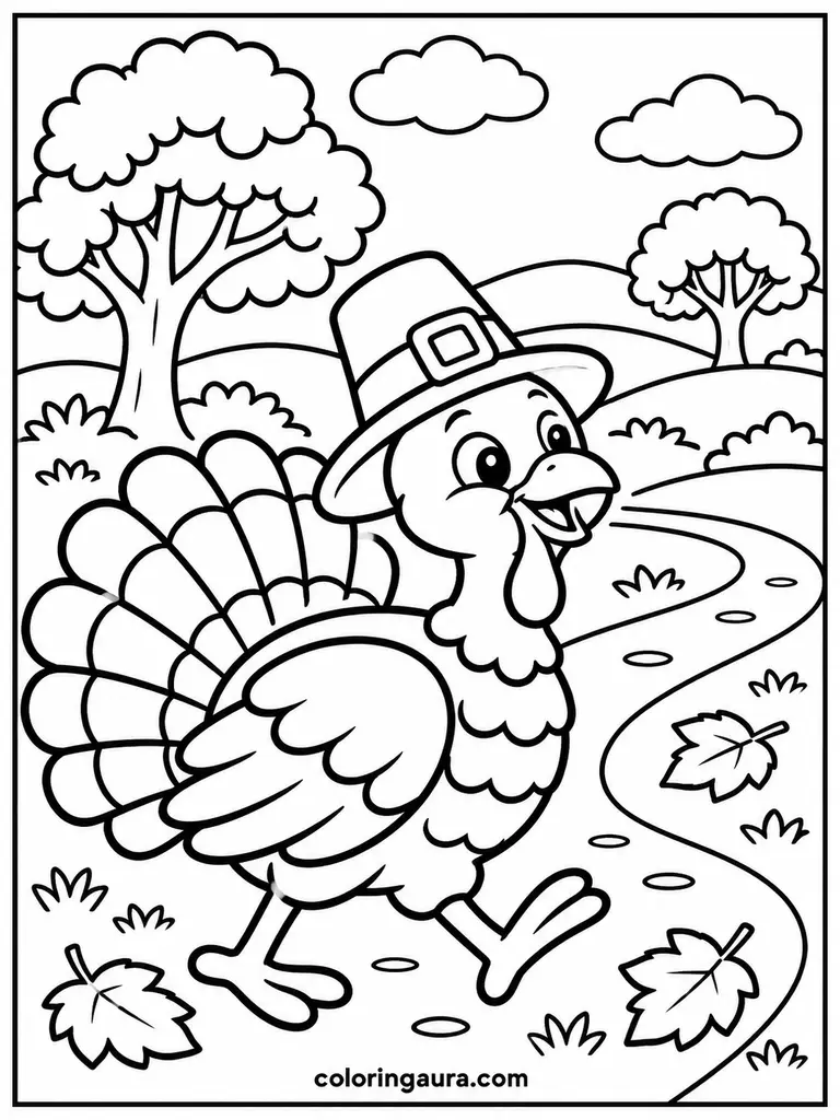 Turkey on a Country Walk Coloring Page
