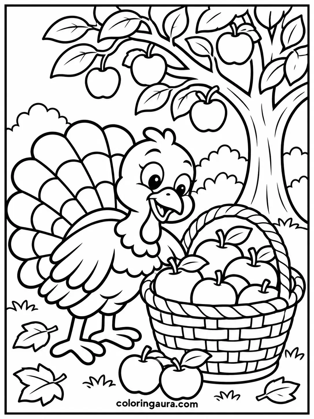 Turkey with a Basket of Apples Coloring Page