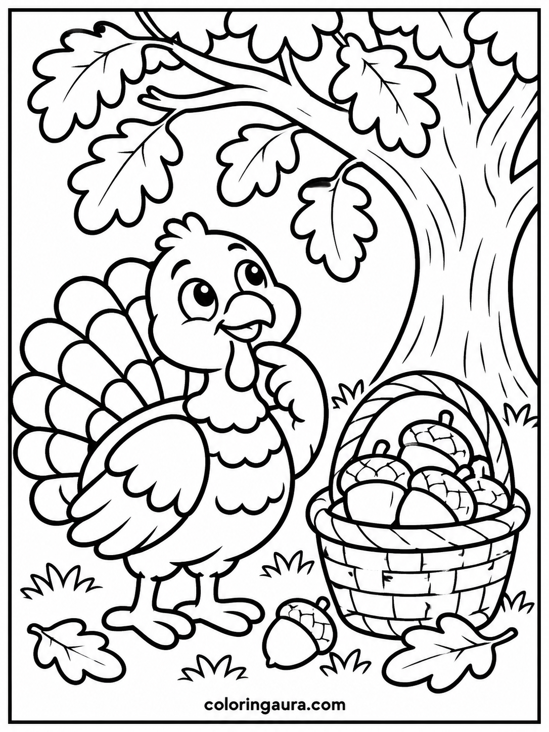 Turkey with an Acorn Basket Coloring Page