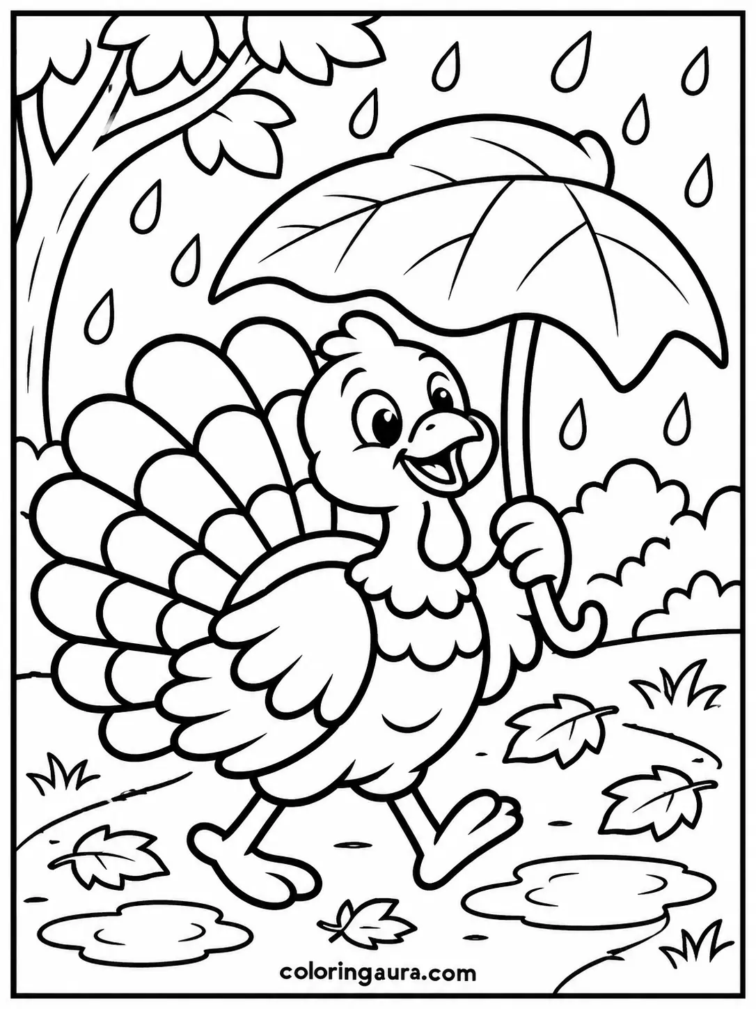 Turkey with an Umbrella Coloring Page