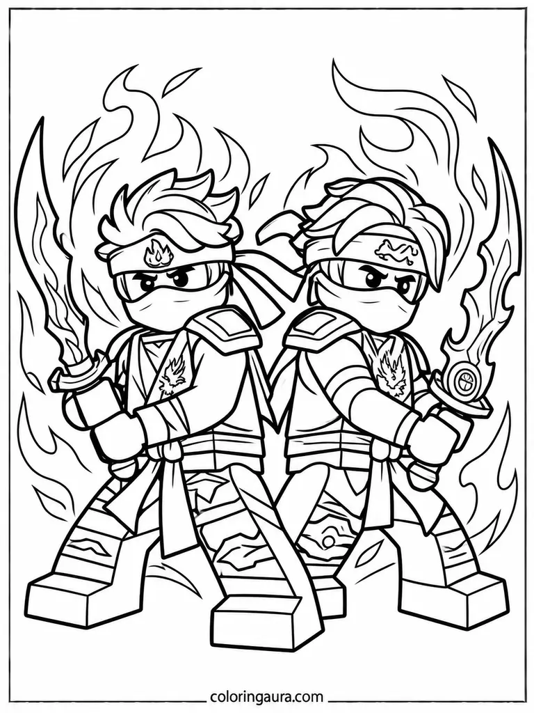 Two Ninja Warriors with Swords Coloring Page