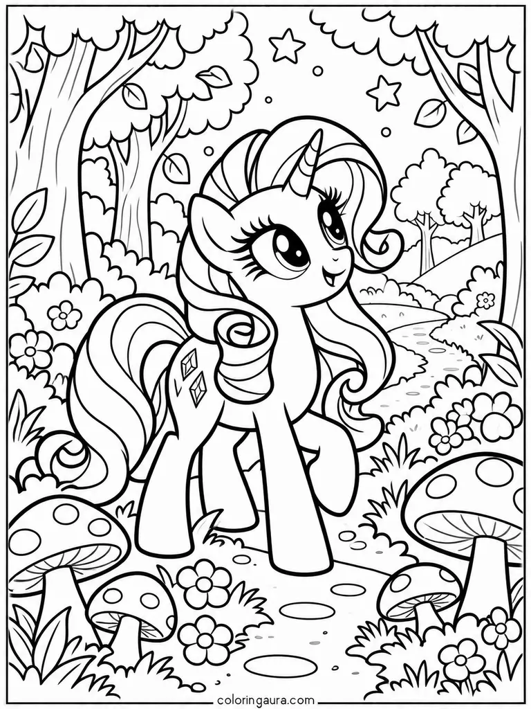 Unicorn Pony Enchanted Forest Coloring Page