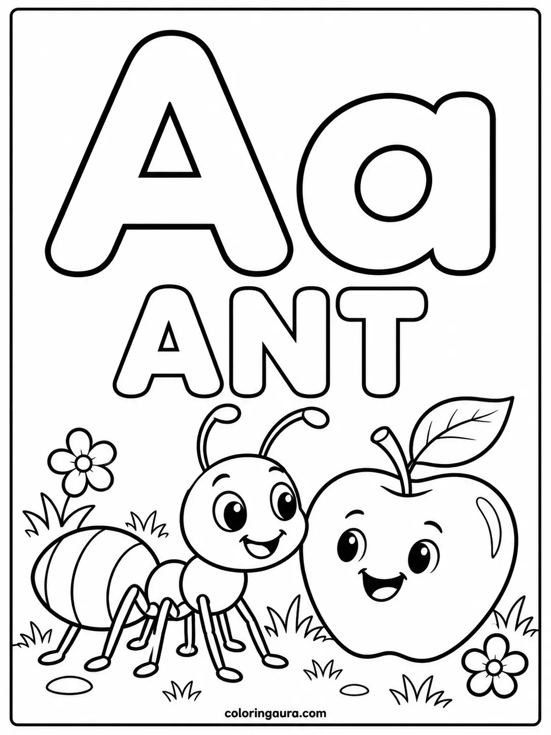 Uppercase and Lowercase A with Ant Coloring Page