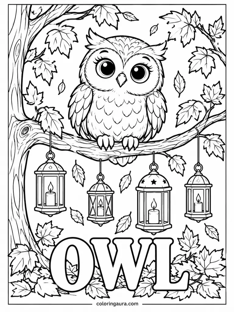  November Owl and Lanterns Coloring Page