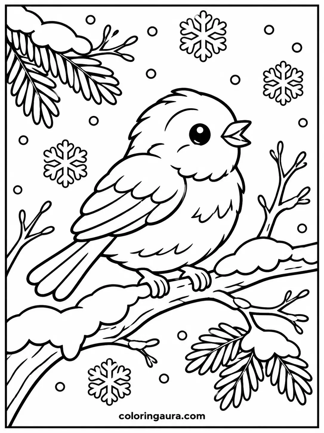 Winter Bird on a Snowy Branch Coloring Page