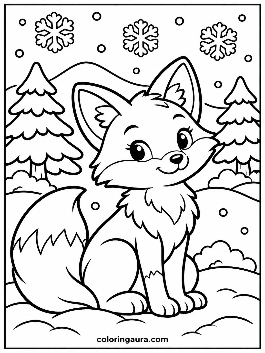 Winter Fox in the Snow Coloring Page