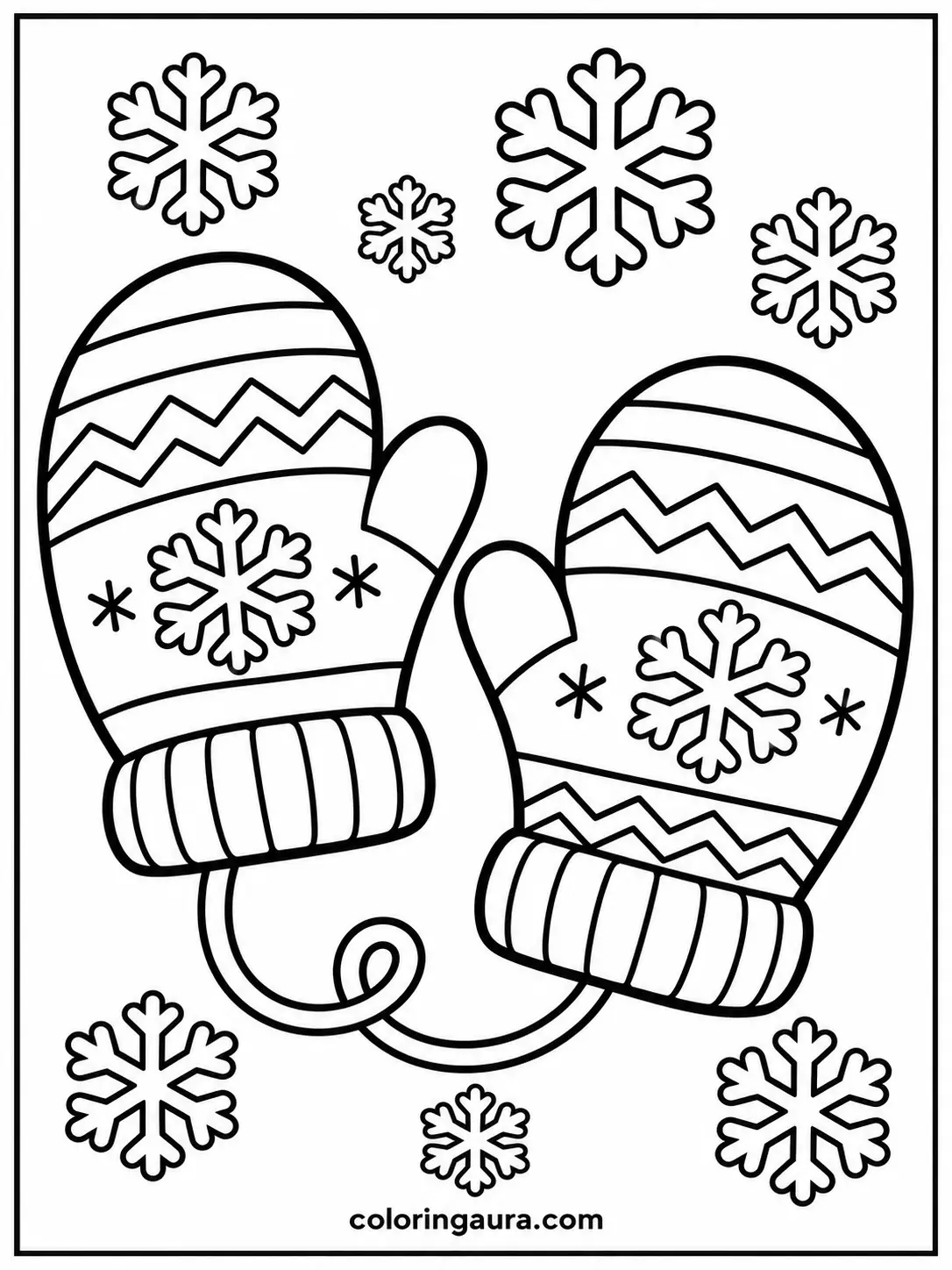 Winter Mittens and Snowflakes Coloring Page