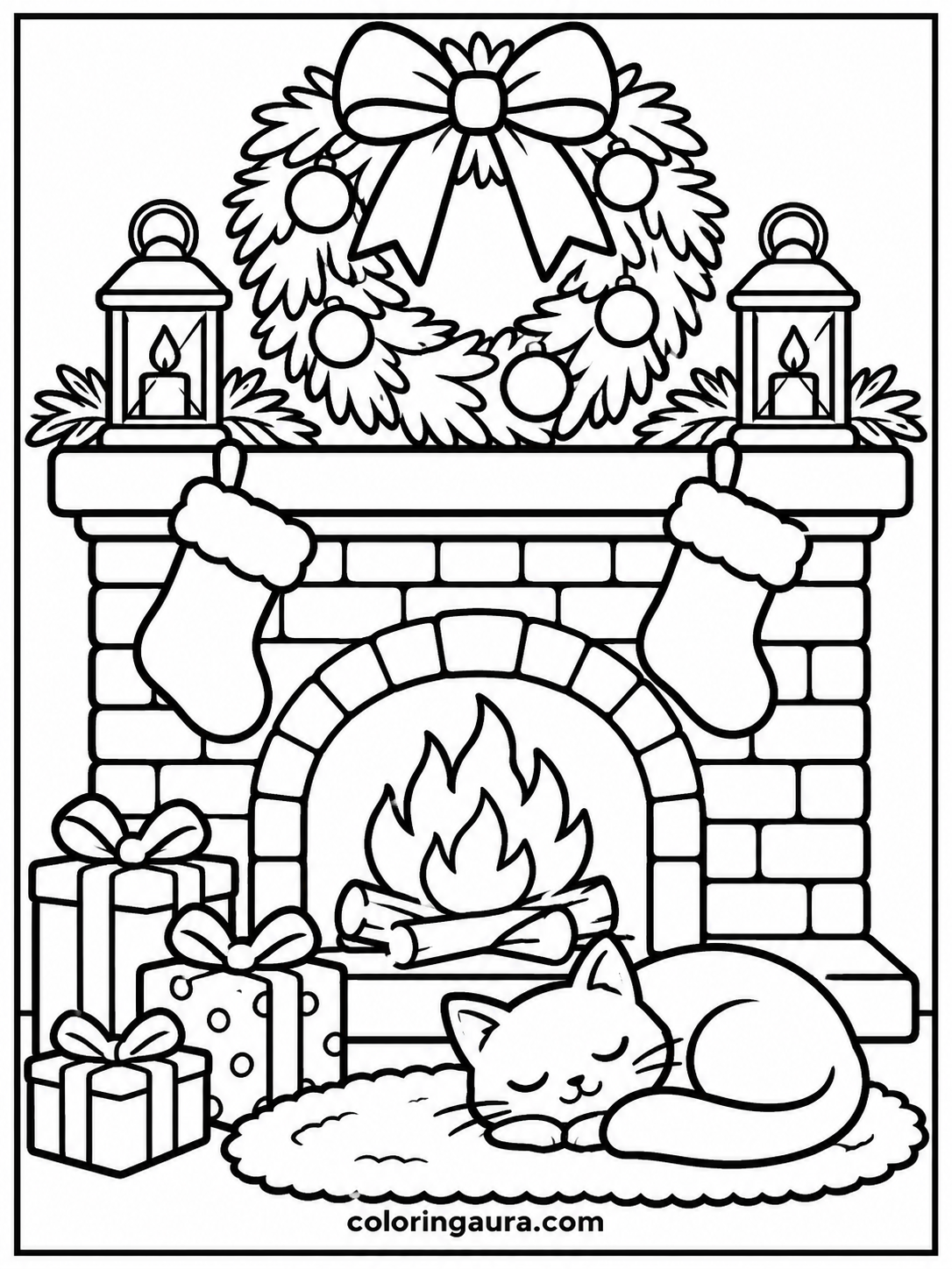 Winter Wreath and Fireplace Coloring Page