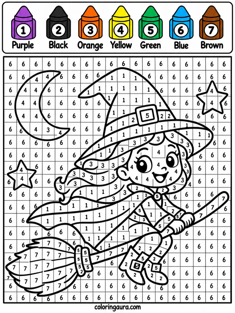 Witch Riding a Broom Color by Number