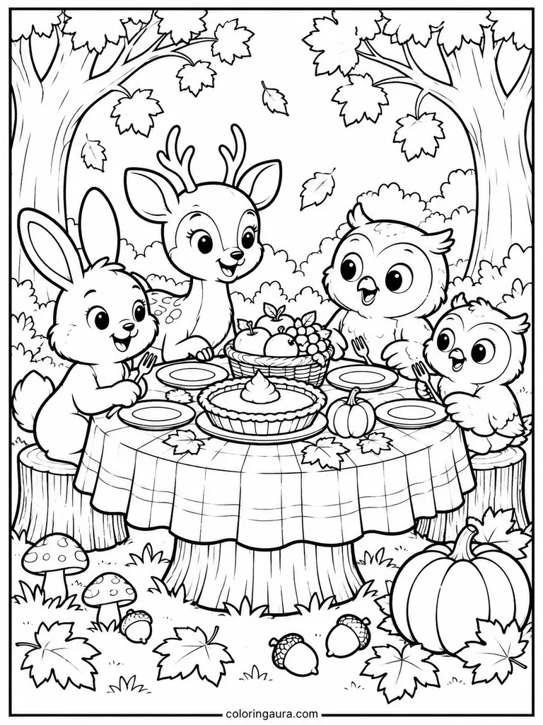 Woodland Animals Thanksgiving Dinner Coloring Page
