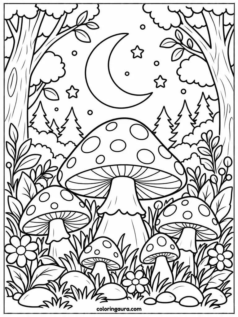 Moonlit Mushroom Forest Coloring Page 