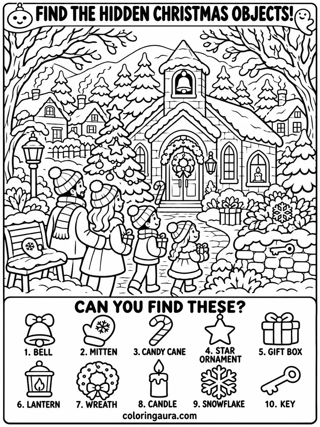 Snowy Christmas Village Church Coloring Page